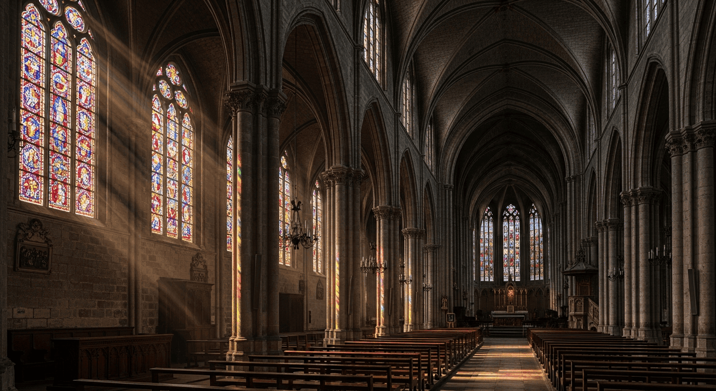 Historic church interior with stained glass