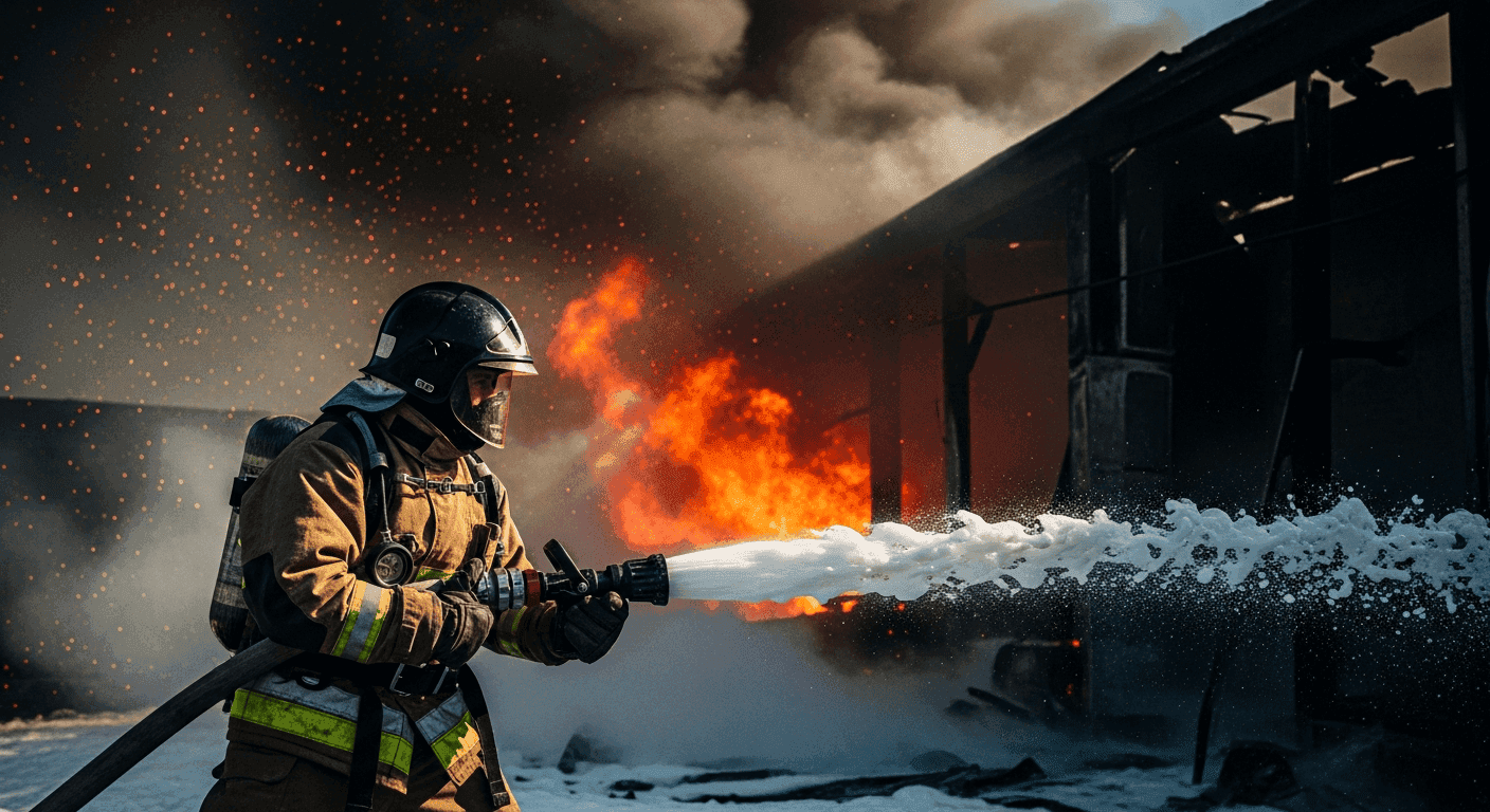 Firefighter in protective gear fighting fire with foam