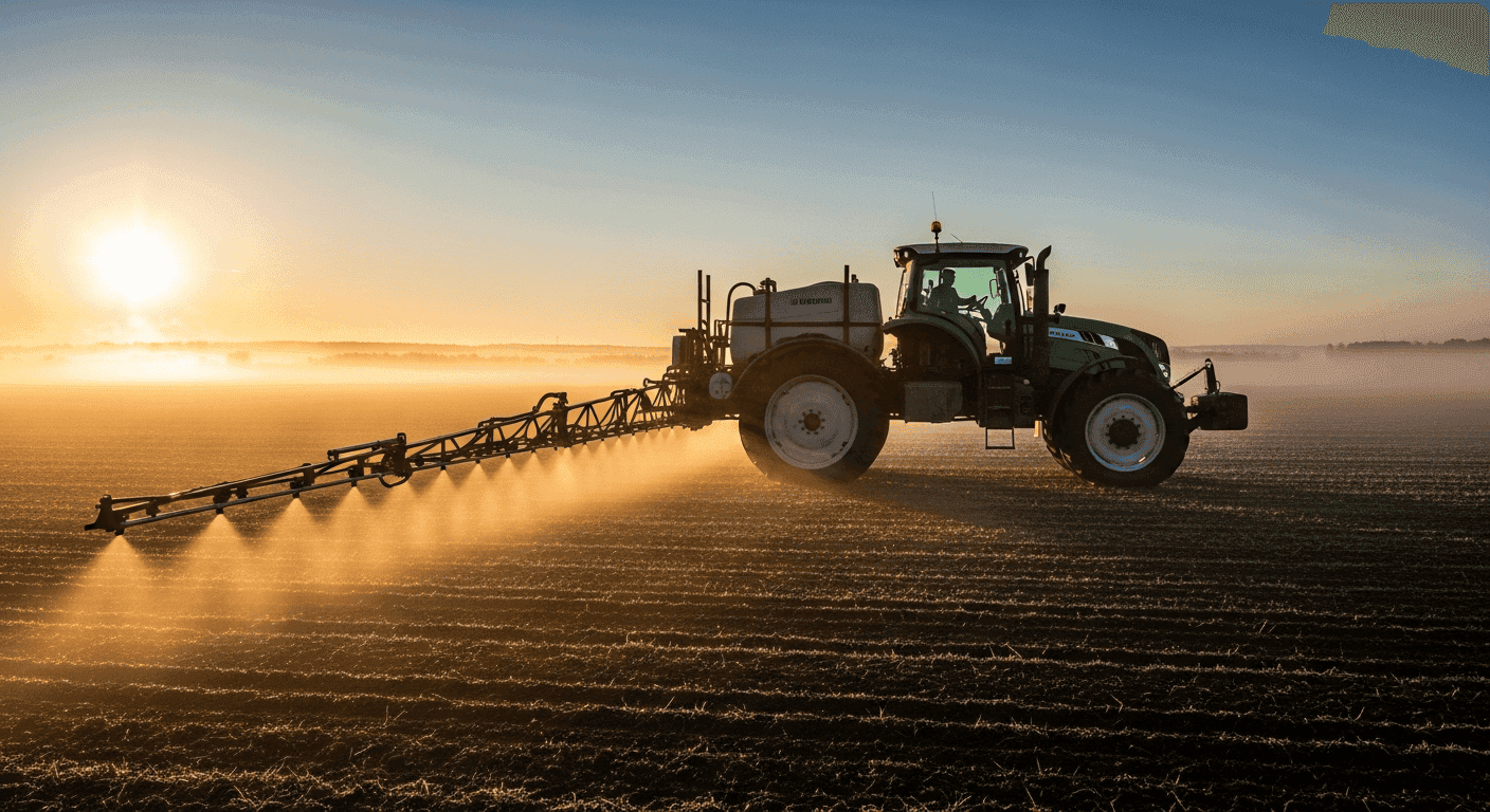 Tractor spraying herbicide on agricultural field