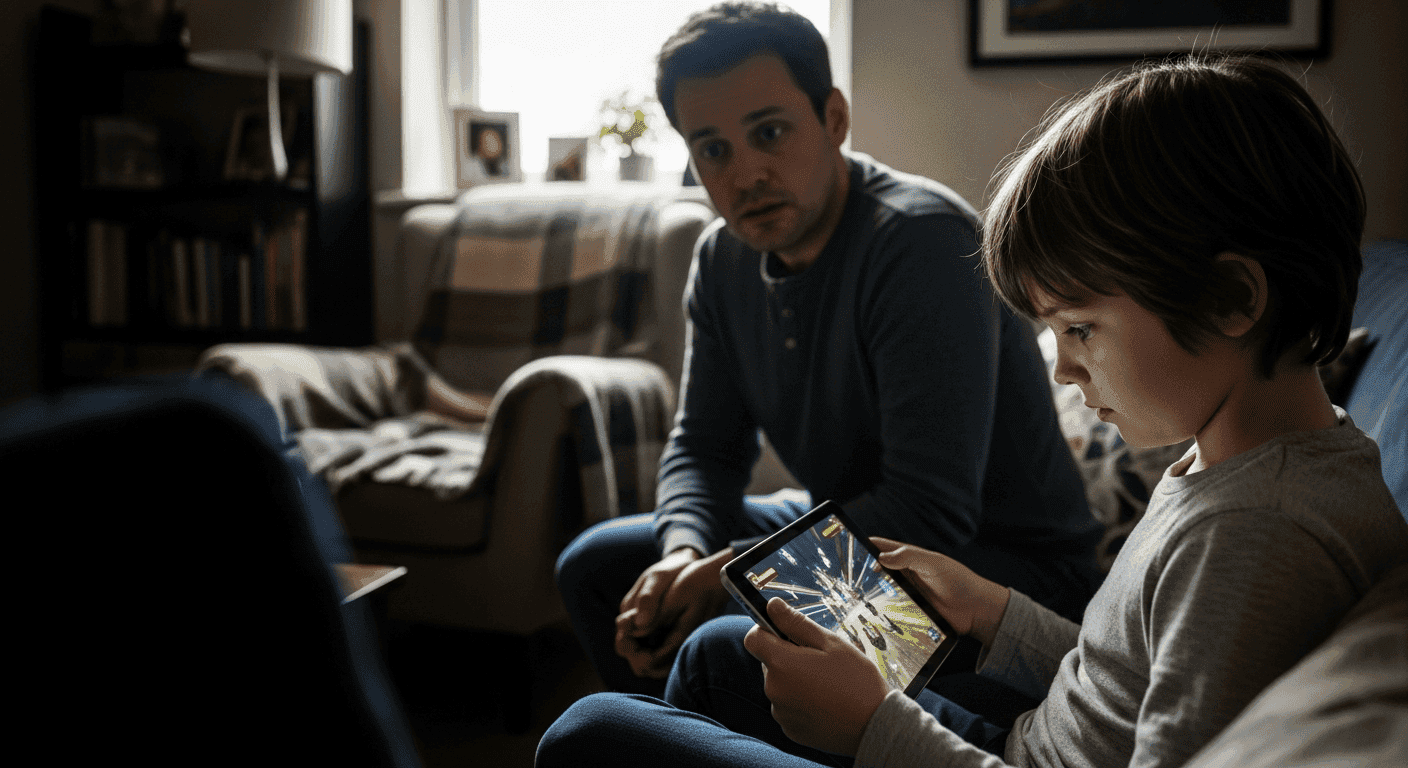 Child playing video games on tablet