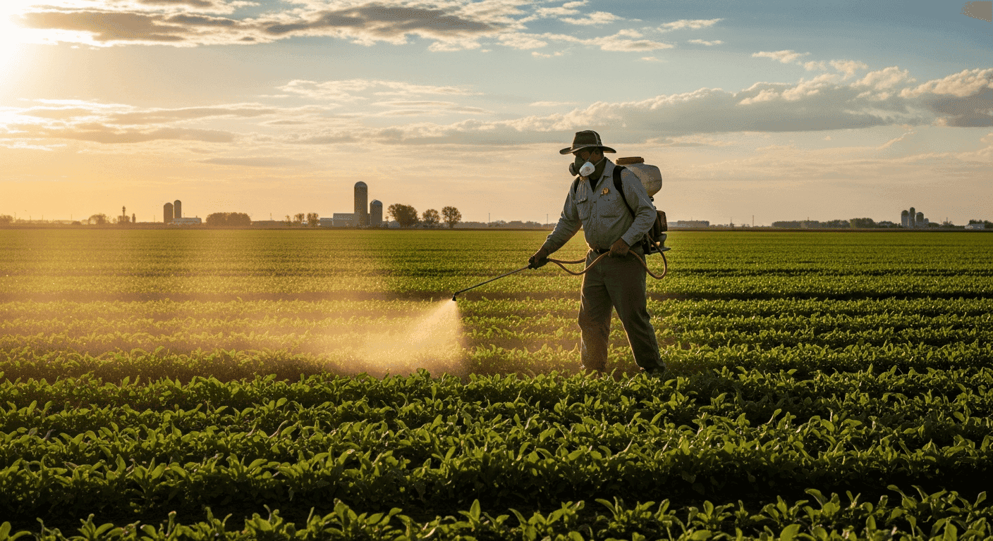 Farmer spraying crops in agricultural field