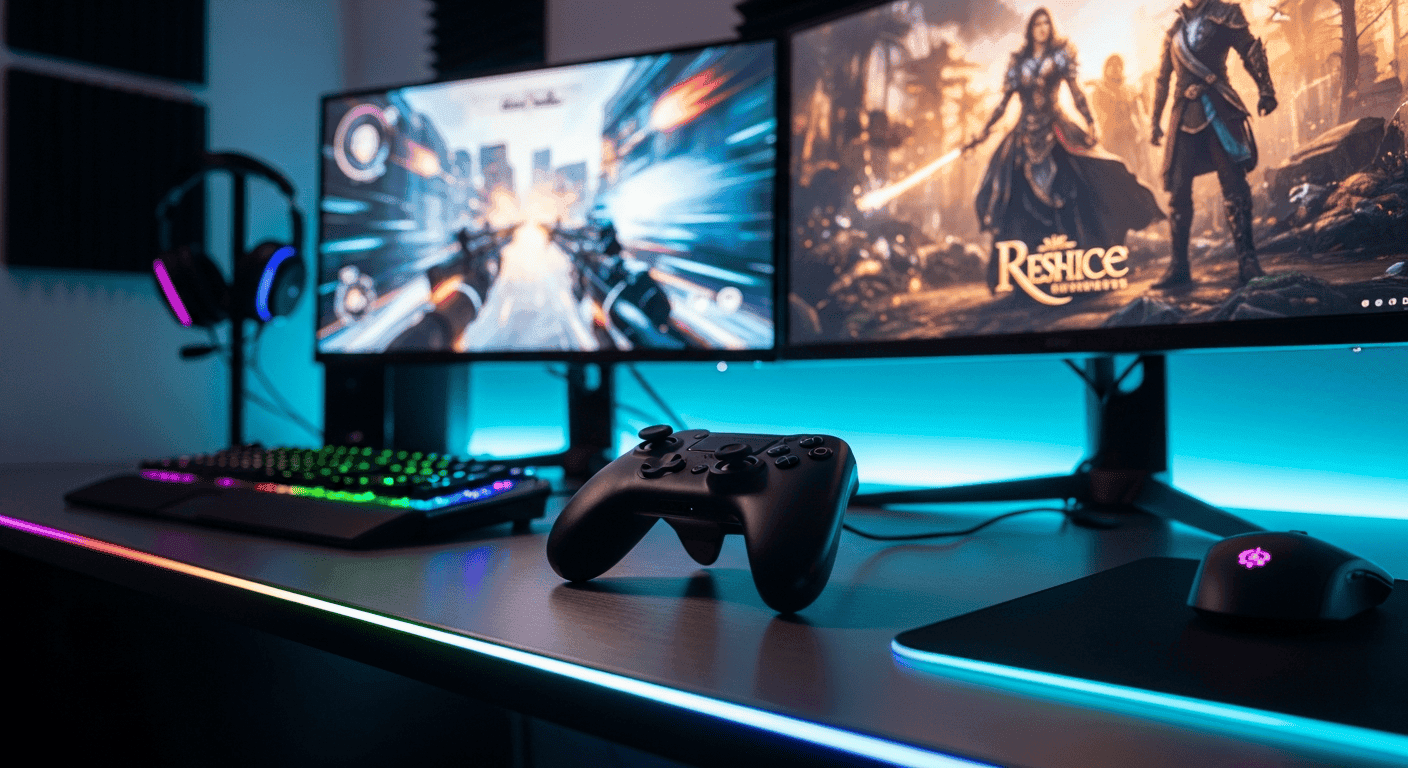 Gaming setup with controller and screens